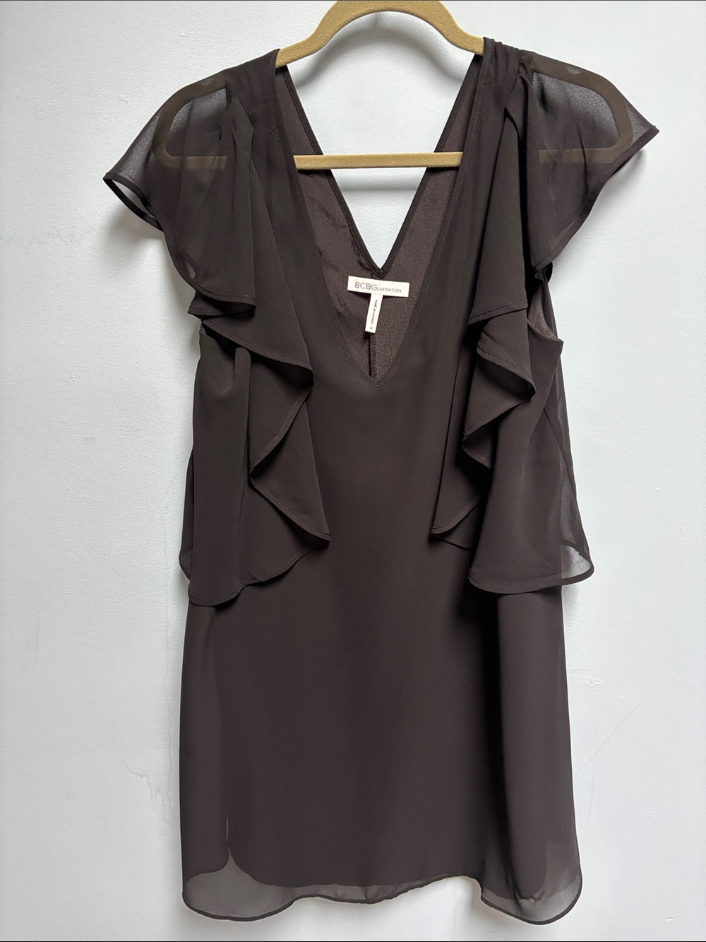 BCBGeneration Black Chiffon Ruffle V-Neck Mini Dress Sheer Dark Whimsy Goth M